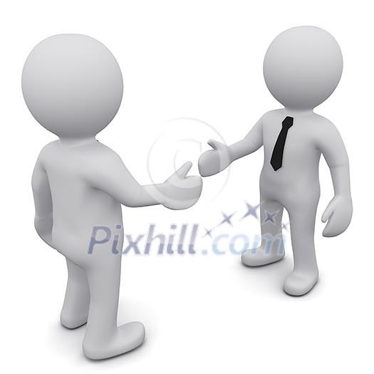 Two 3D business man in ties shake hands on a white background