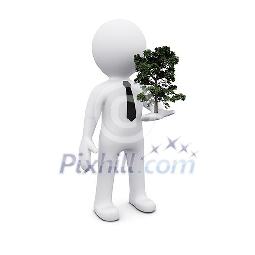 3D man holding green tree as symbol of ecology