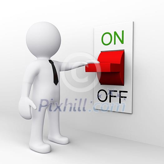 3D man standing near a on and off switch 3D man standing near a on and off switch