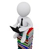 3D man sitting on a pile of books with computer