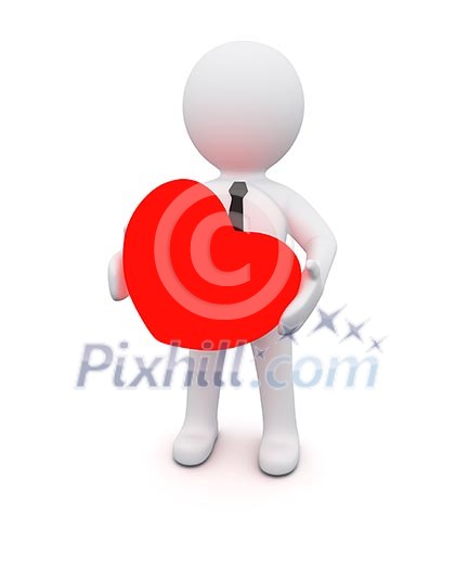 3D man with a red heart as symbol of love 3D man with a red heart as symbol of love