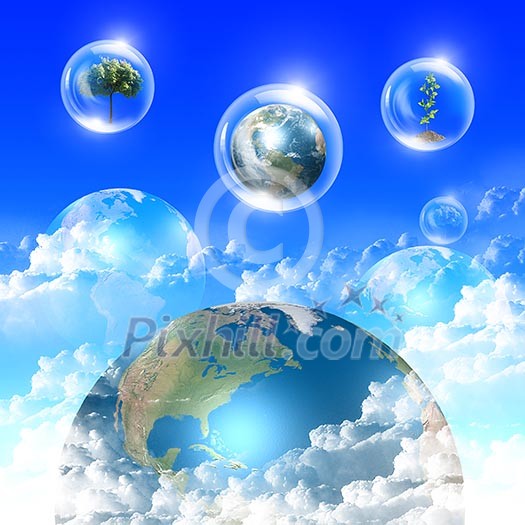 Abstract bubbles against the blue sky and clouds. Symbol of environmental protection. Collage. Abstract bubbles against the blue sky and clouds. Symbol of environmental protection. Collage.
