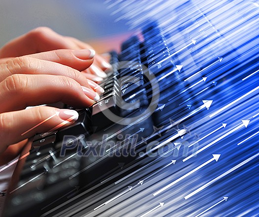 Hands of a young woman presses the keyboard. Workplace businessman