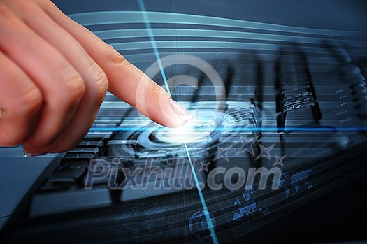 Hands of a young woman presses the keyboard. Workplace businessman