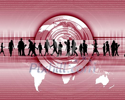 business people standing against world map background