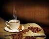 Steaming cup of coffee, cinnamon sticks and a few coffee beans. still life