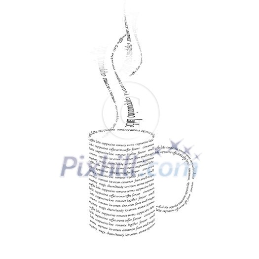 a picture of a cup of coffee made up of words