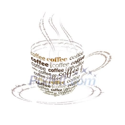 a picture of a cup of coffee made up of words