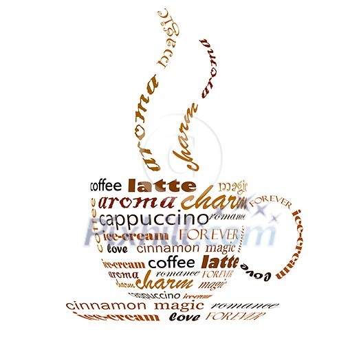 a picture of a cup of coffee made up of words