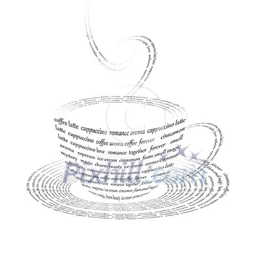 a picture of a cup of coffee made up of words