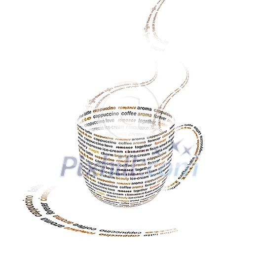 a picture of a cup of coffee made up of words