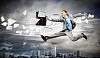 Image of a businessman jumping high against financial background