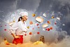 Asian female cook in anger with flyung vegetables against color background with shine effects