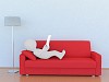 3D man on the red sofa reading papers