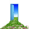 open door leading to beautiful clean nature with green grass and blue sky