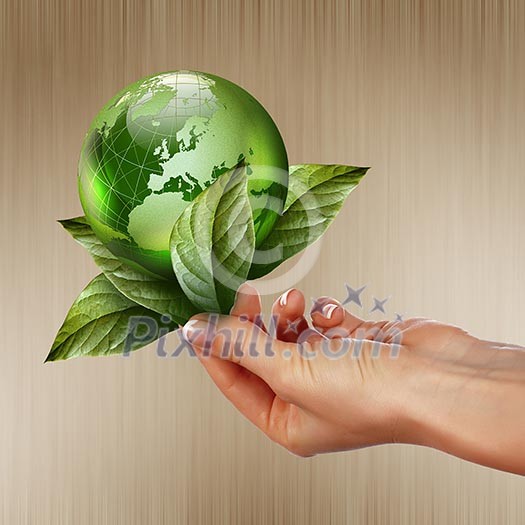 human hands holding green earth with a growing plant