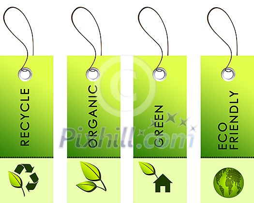 Light green tags with inscriptions dedicated to protecting the environment