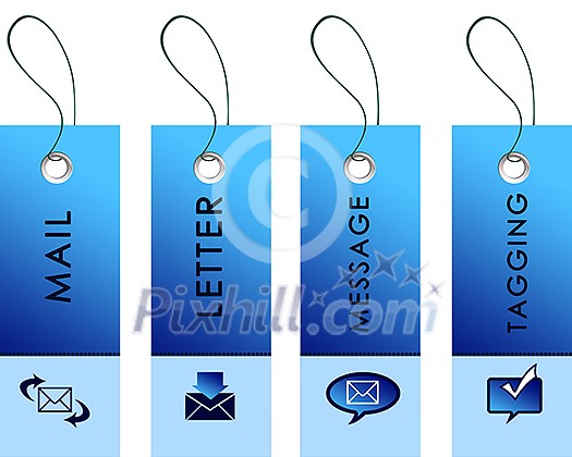 Blue tag with inscriptions dedicated to communications