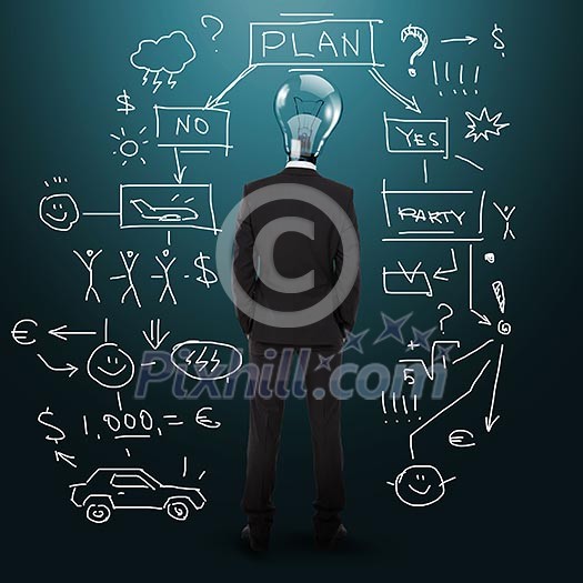 writing businessman with bulb instead of his head writing businessman with bulb instead of his head