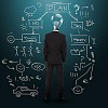 writing businessman with bulb instead of his head
