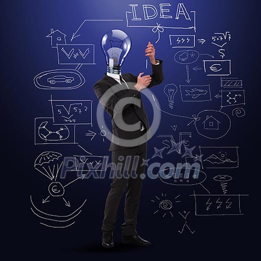 writing businessman with bulb instead of his head