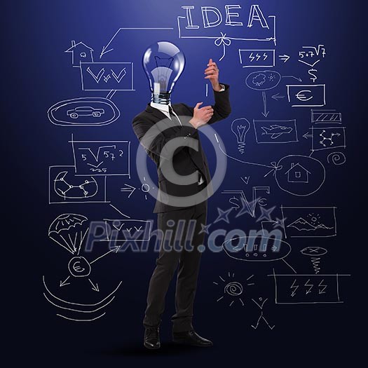 writing businessman with bulb instead of his head writing businessman with bulb instead of his head