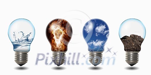 light bulb with four elements of fire, air, water and soil inside