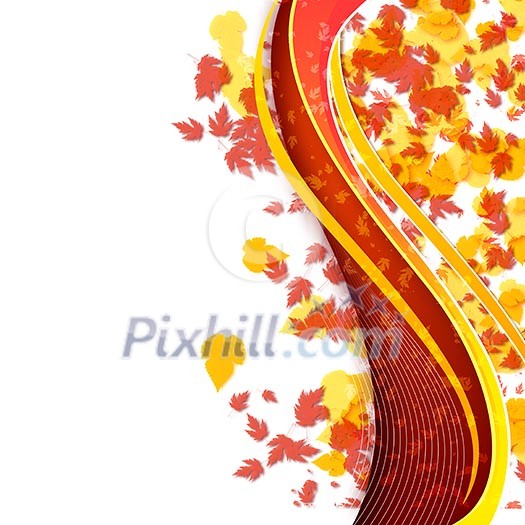 Abstract illustration with lines, arcs and yellow leaves.