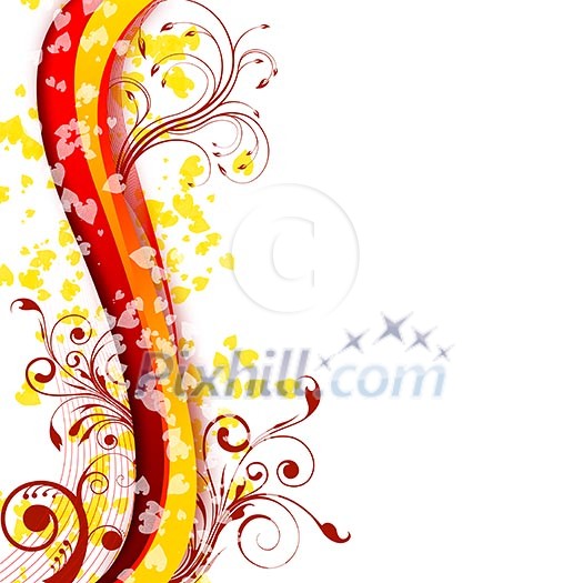 Abstract illustration with lines, arcs and yellow leaves.