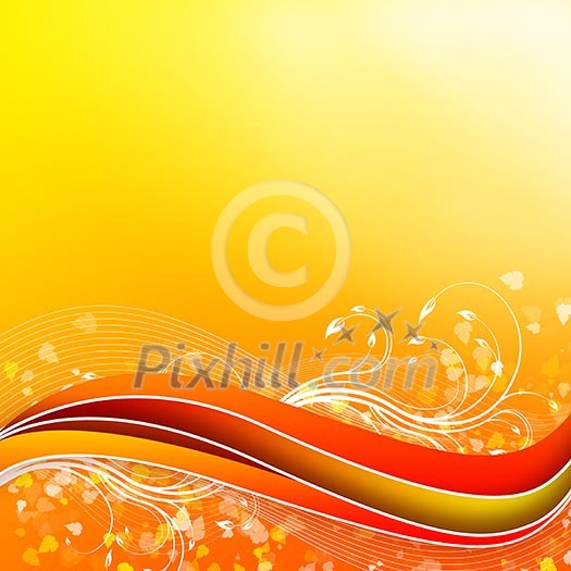 Abstract illustration with lines, arcs and yellow leaves.