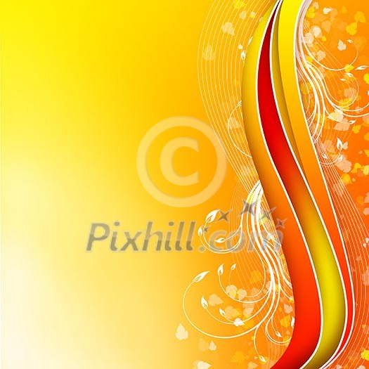 Abstract illustration with lines, arcs and yellow leaves.