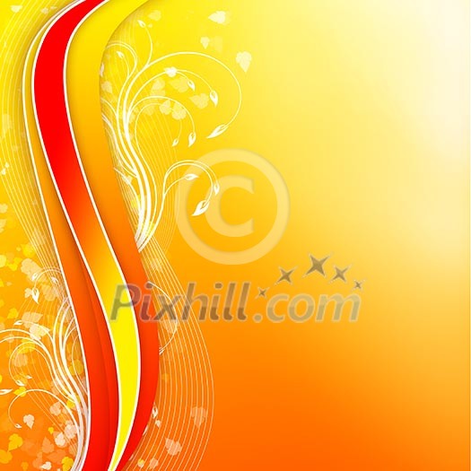 Abstract illustration with lines, arcs and yellow leaves.