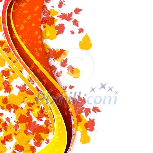 Abstract illustration with lines, arcs and yellow leaves.