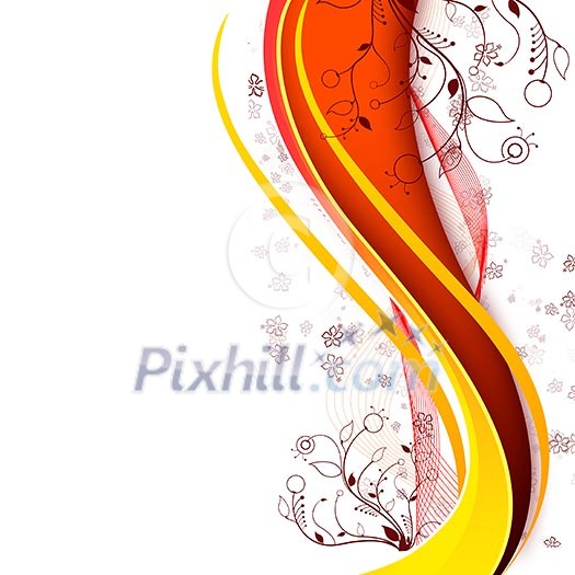 Abstract illustration with lines, arcs and yellow leaves.