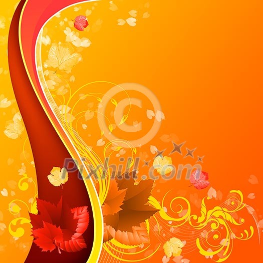 Abstract illustration with lines, arcs and yellow leaves.