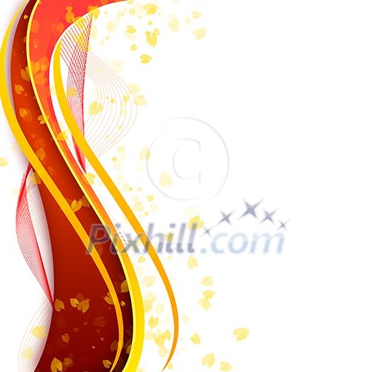 Abstract illustration with lines, arcs and yellow leaves.