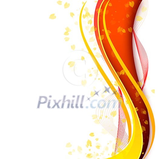 Abstract illustration with lines, arcs and yellow leaves.