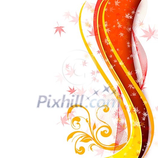 Abstract illustration with lines, arcs and yellow leaves.