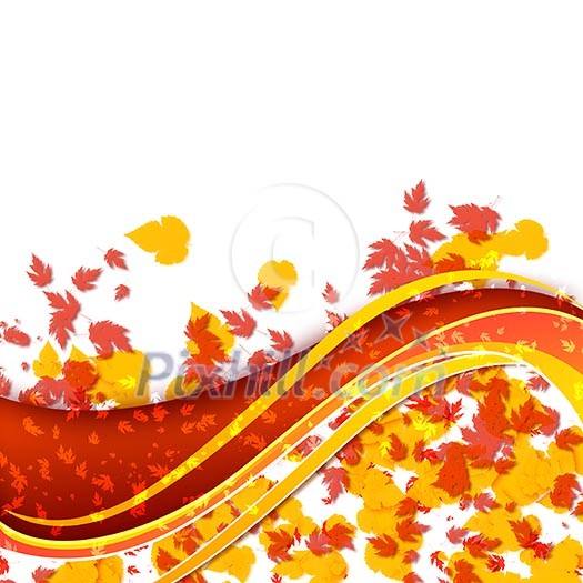 Abstract illustration with lines, arcs and yellow leaves.