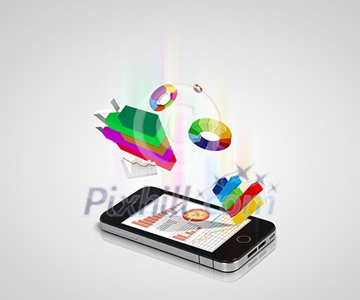 The Pad and three-dimensional graphics on gray background . illustration The Pad and three-dimensional graphics on gray background . illustration
