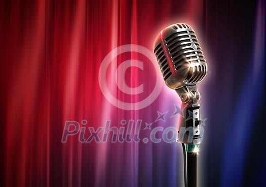 Single retro microphone against red curtains closed on the background Single retro microphone against red curtains closed on the background