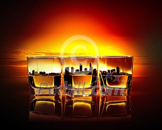 Image of three glasses of whiskey with city illustration in