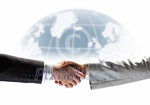 business handshake against white background with globe image business handshake against white background with globe image