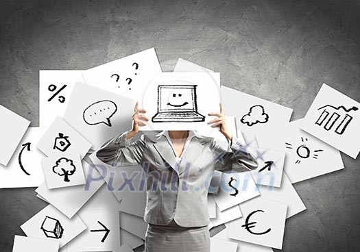Image of businesswoman holding message board against face. Conceptual photo