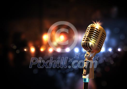 Single retro microphone against colourful background with lights Single retro microphone against colourful background with lights
