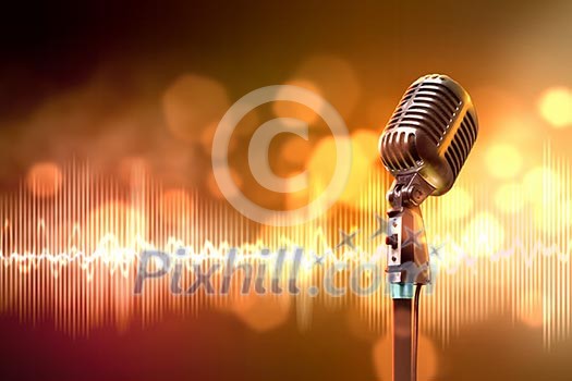 Single retro microphone against colourful background with lights Single retro microphone against colourful background with lights
