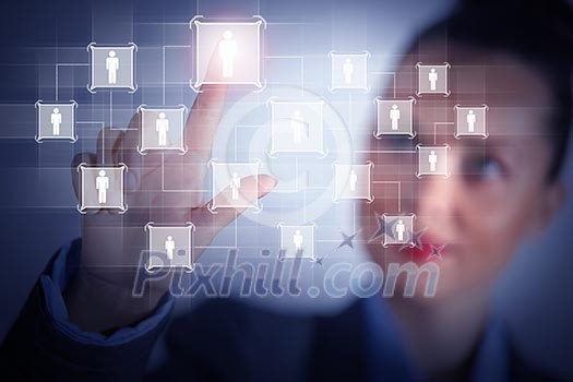 Image of female touching virtual icon of social network Image of female touching virtual icon of social network