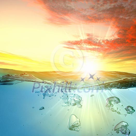 Sky and sea water wave with bubbles illustration Sky and sea water wave with bubbles illustration