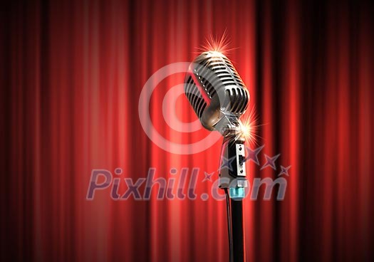 Single retro microphone against red curtains closed on the background