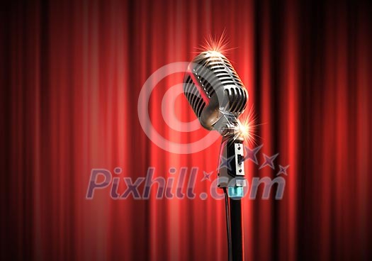 Single retro microphone against red curtains closed on the background Single retro microphone against red curtains closed on the background
